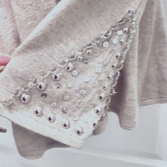 Colour Works-Women's Tan/Cream/Crystals/Beads/Studs Sweater-Off Shoulder-Festive - Picture 8 of 14